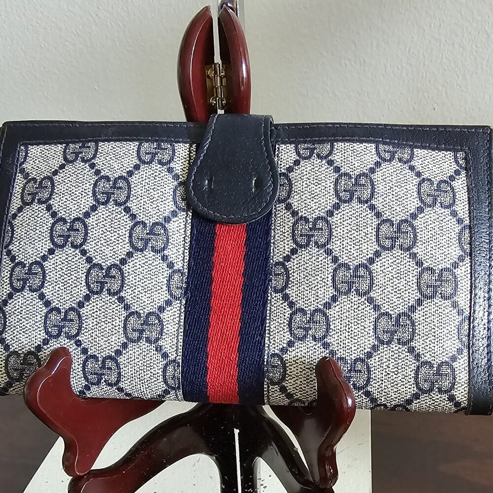 Vintage Gucci Sherry Line Blue Coated Canvas and Leather Slim Wallet 70's/80s